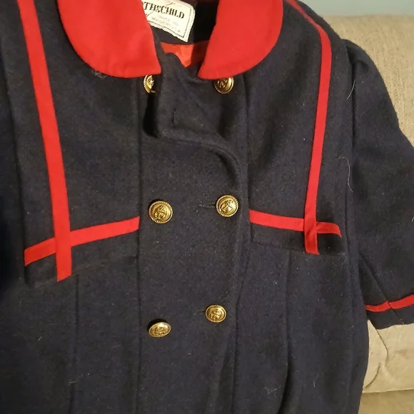 Rothchilds Toddler Girls. Red and Navy Pea Coat with Hat.  Size 3 Toddler. - Picture 3 of 16